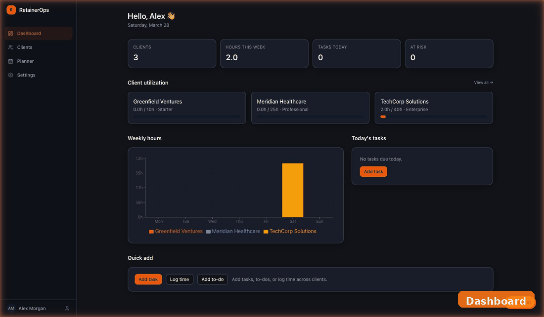 RetainerOps dashboard — real-time retainer tracking, client utilization, and weekly hours